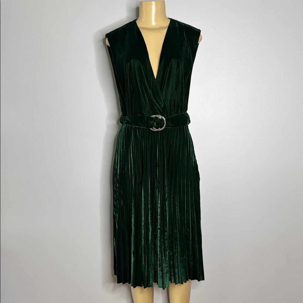& Other Stories Stocholm Atelier Green Velvet Pleated V-Neck Belted Dress Size 8